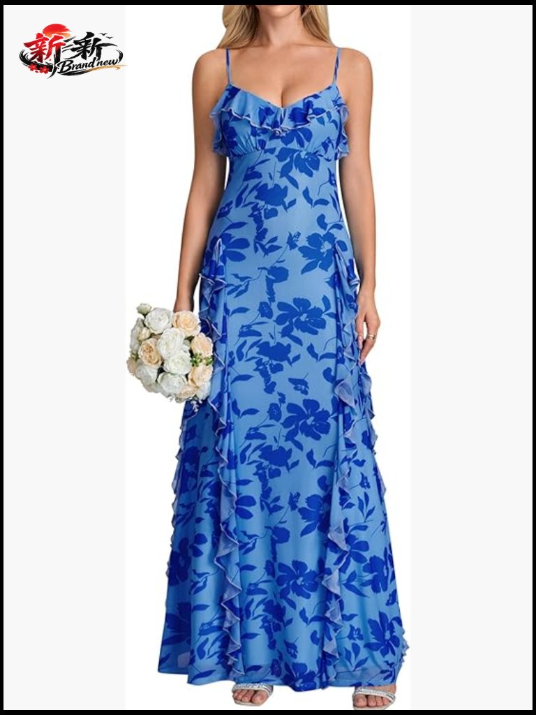 Striped Floral Maxi Dress With Ruffled V-Neck Spaghetti Strap